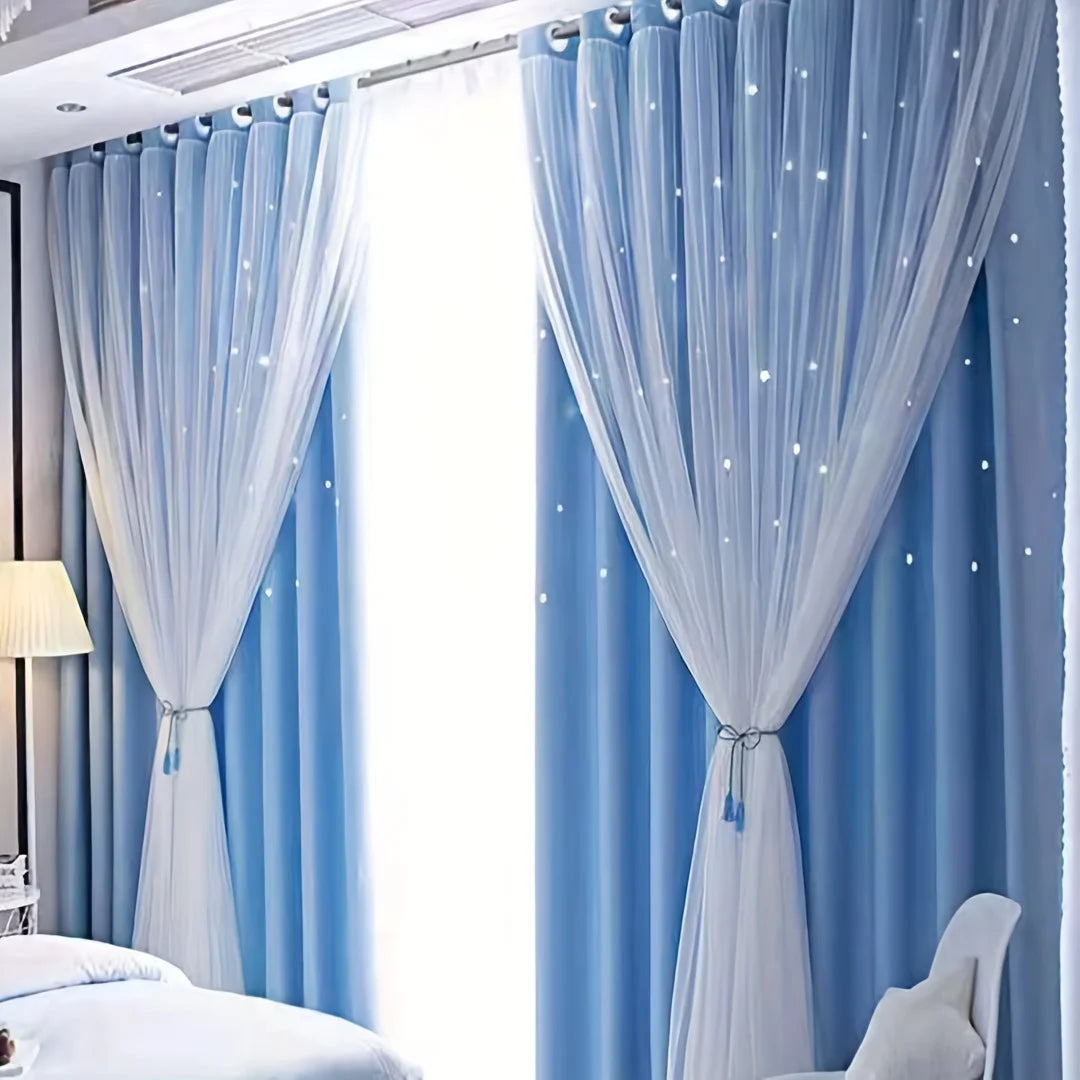 Blackout Blue Romantic Sheer Double-Layer Girls Curtains Princess Design