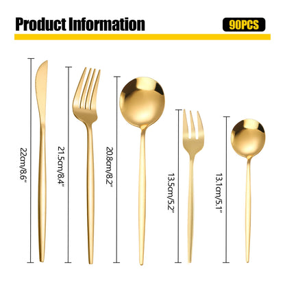 90Pcs Gold 420 Stainless Steel Silverware - Heavy Duty Cutlery