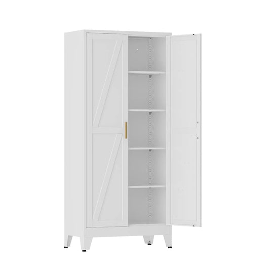 71 in Metal Storage Cabinet, 4 Adjustable Shelves and Barn Doors