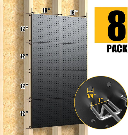 8-Pack Black Metal Pegboard Panels w/50 Hooks, Heavy Duty