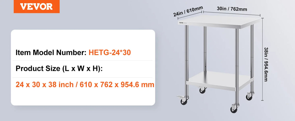 Stainless Steel Work Prep Table w/4 Wheels 3 Adjustable Height