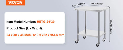 Stainless Steel Work Prep Table w/4 Wheels 3 Adjustable Height