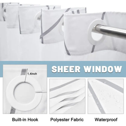 Hook Grey/White Striped Long Shower Curtain with Snap in Liner Set