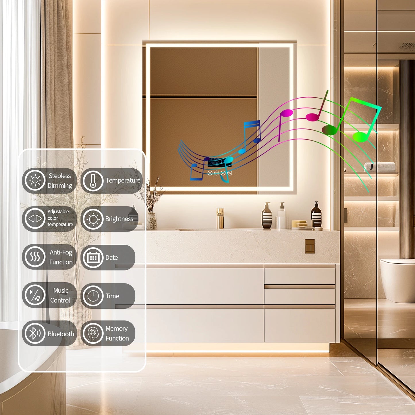 LED Square Bathroom Mirror w Bluetooth Time Temperature Display 3 Colors Front & Backlit Anti-fog w Memory