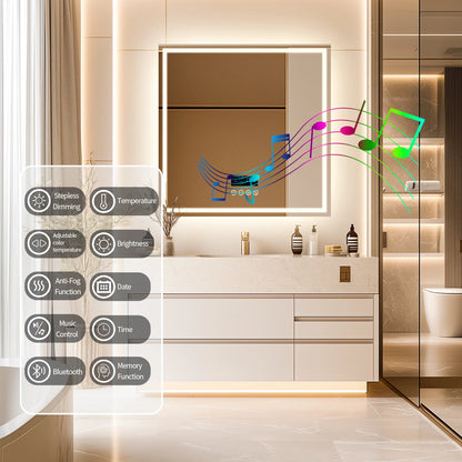 LED Square Bathroom Mirror w Bluetooth Time Temperature Display 3 Colors Front & Backlit Anti-fog w Memory