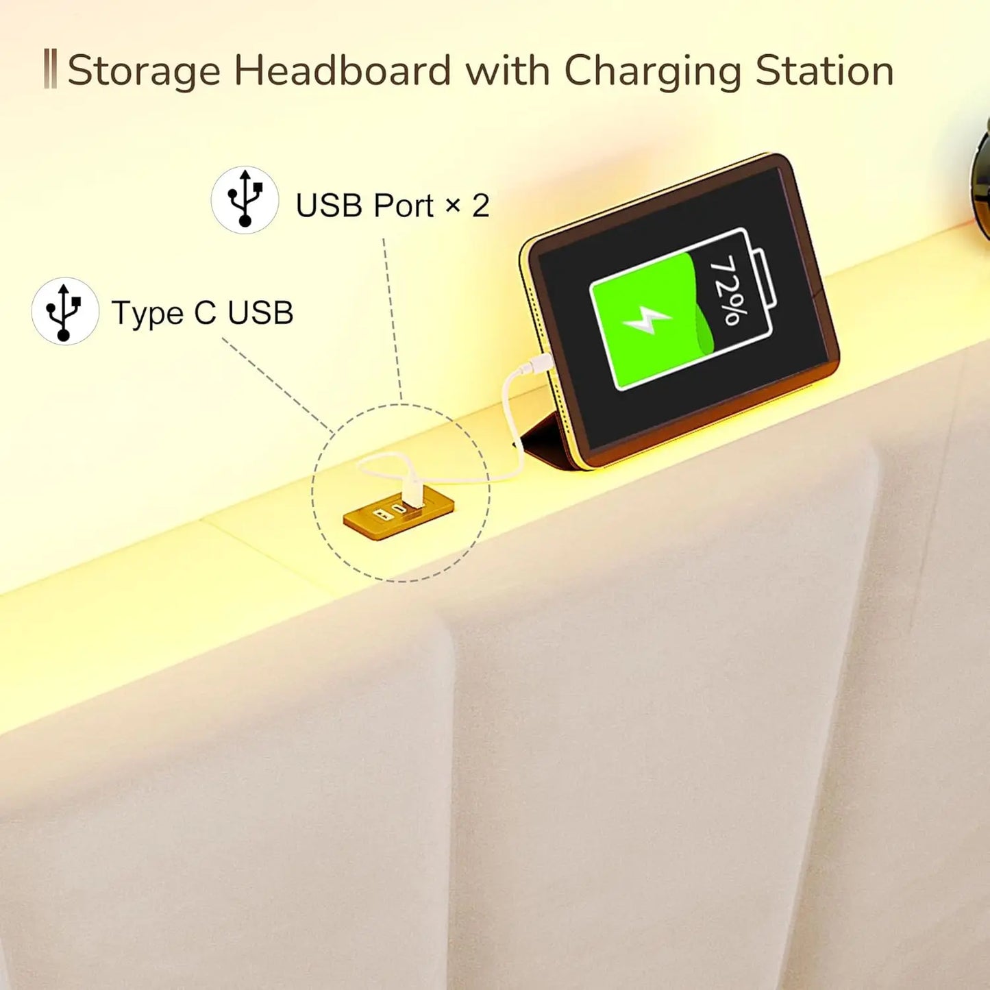 Bed Frame and Storage Velvet Headboard LED Lights and Charging Station