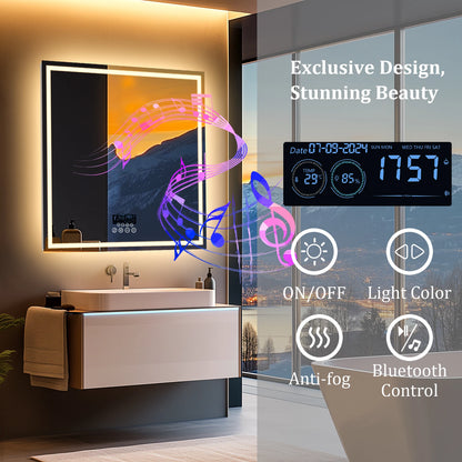 LED Square Bathroom Mirror w Bluetooth Time Temperature Display 3 Colors Front & Backlit Anti-fog w Memory