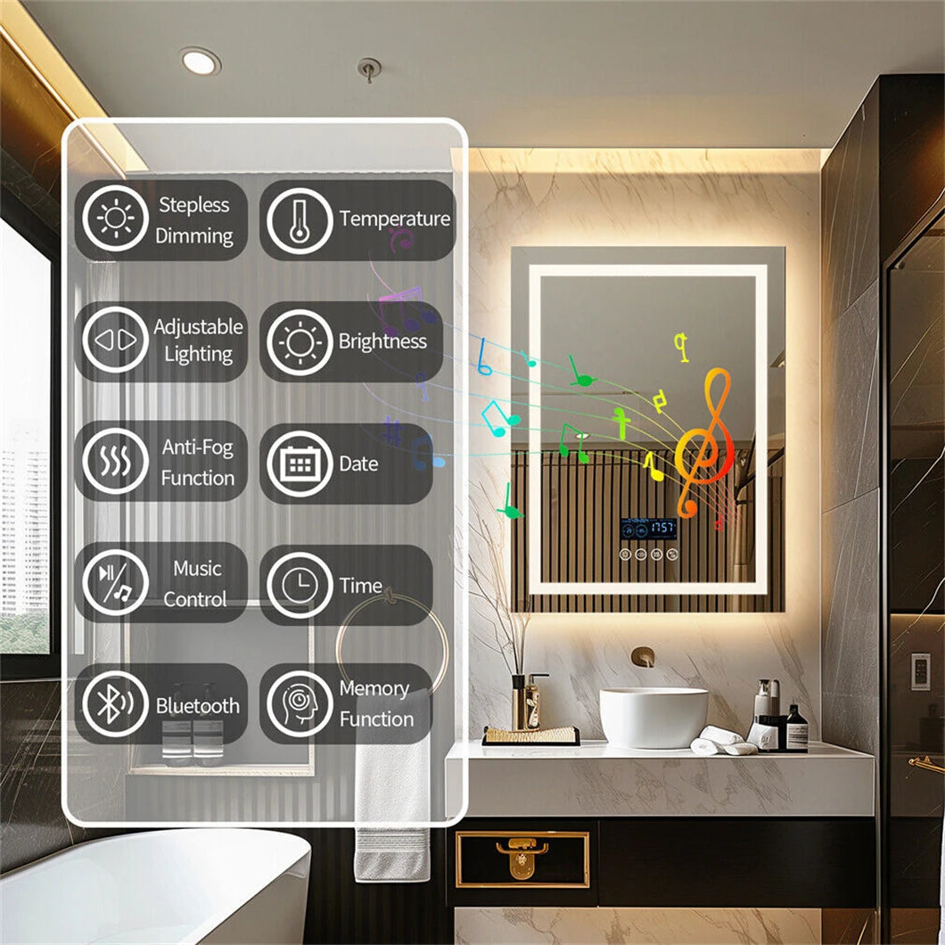 Smart LED Bathroom Mirror Rectangle Wall Mount Mirror w Bluetooth Speaker,Time,Temperature