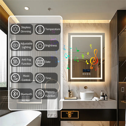 Smart LED Bathroom Mirror Rectangle Wall Mount Mirror w Bluetooth Speaker,Time,Temperature