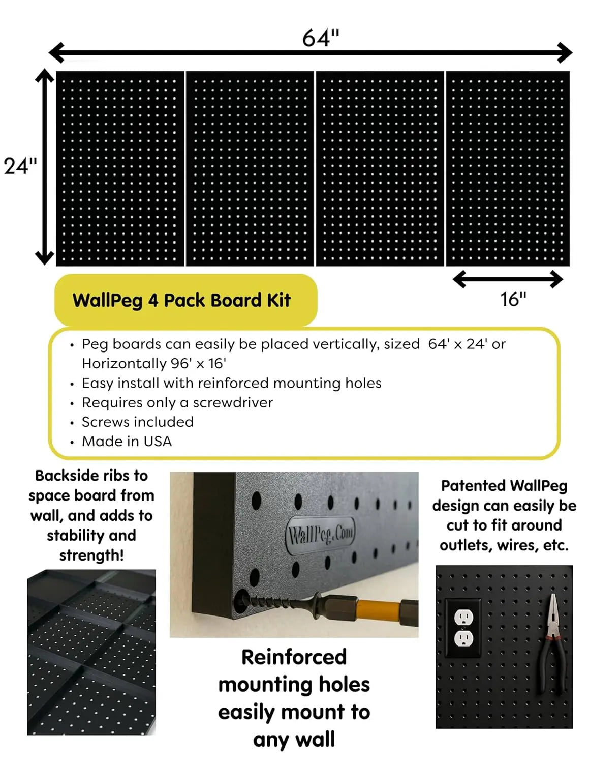 4-24x16 Inch Pegboard Panels, USA-Made Wall Organizer