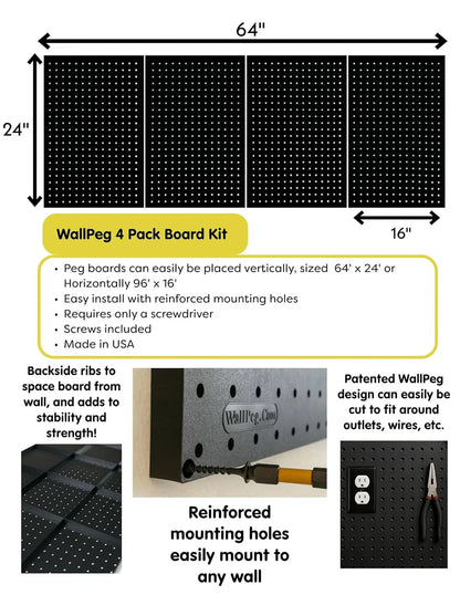 4-24x16 Inch Pegboard Panels, USA-Made Wall Organizer