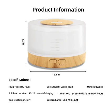 Ultrasonic Diffuser 16.91oz Capacity, Timer, BPA-Free - Complete with 6 Aromatherapy Oils