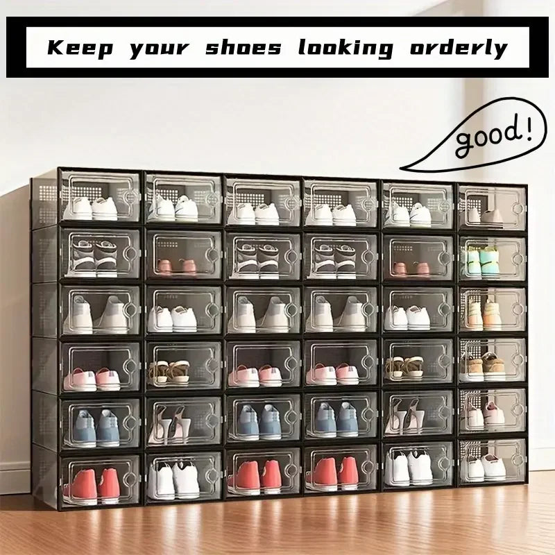 6/12 thick transparent shoe boxes with lids, foldable and stackable