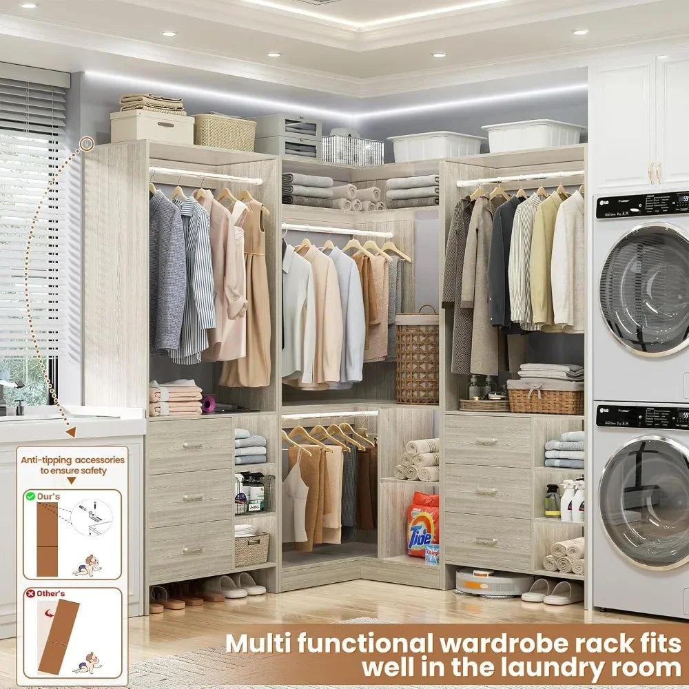 Closet System, 6 Drawers, 4 Hanging Rods & L-Shaped