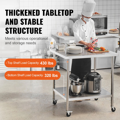 Stainless Steel Work Prep Table w/4 Wheels 3 Adjustable Height