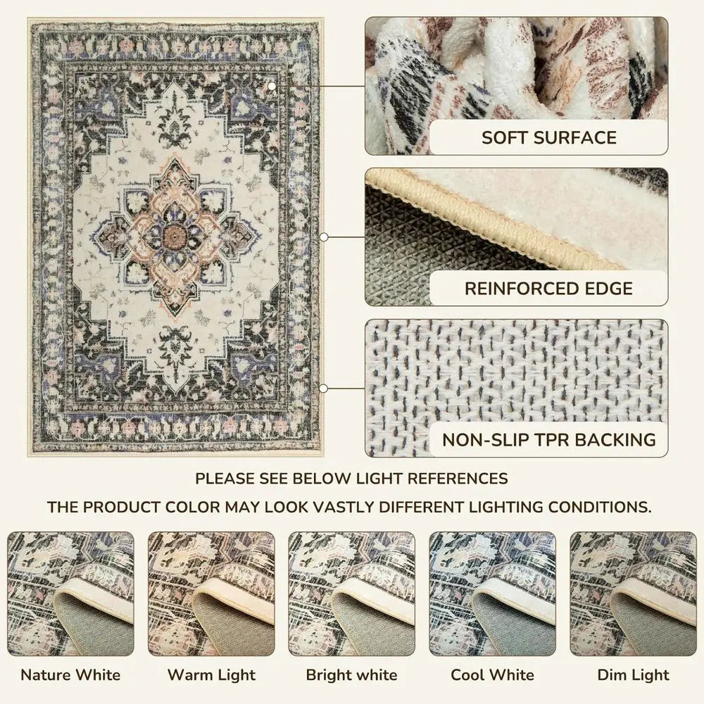 9x12 Rugs -Boho Chic, Washable Soft Vintage Print, Non-Slip Low Pile in Black/Beige/Purple