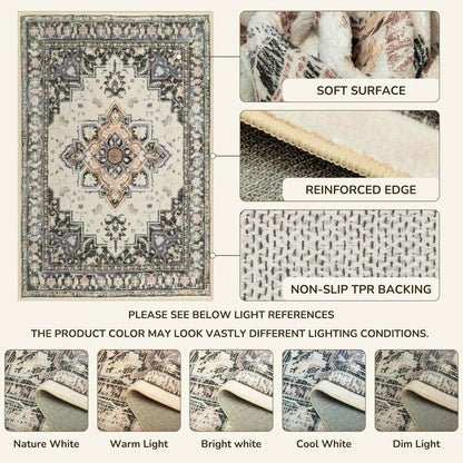 9x12 Rugs -Boho Chic, Washable Soft Vintage Print, Non-Slip Low Pile in Black/Beige/Purple