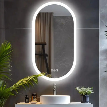 Dimmable 3 Colors Light Smart Anti Fog Oval LED Bathroom Mirror Plug/Hardwire Install