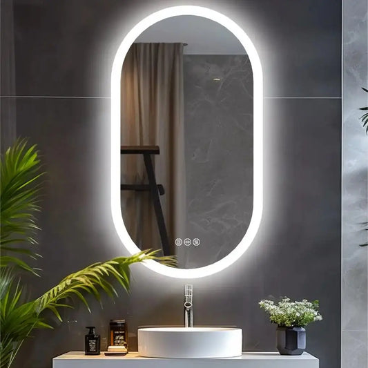 Dimmable 3 Colors Light Smart Anti Fog Oval LED Bathroom Mirror Plug/Hardwire Install