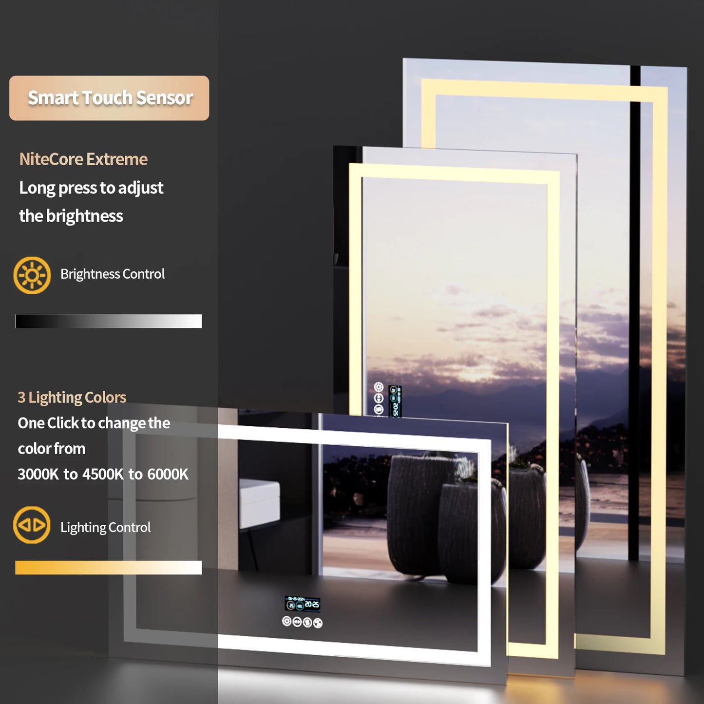LED Bathroom Mirror with Lights, Dimmable, Smart Bluetooth Digital Display 3 Colors Memory