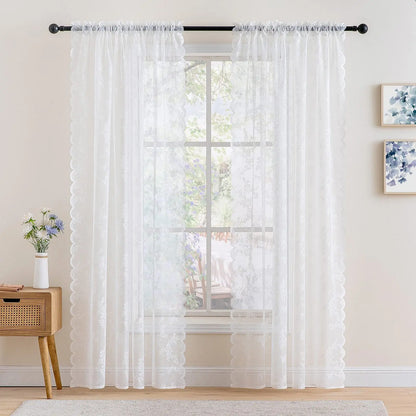 2pcs elegant solid-color curtains with wave lace trim. Holiday home decor.