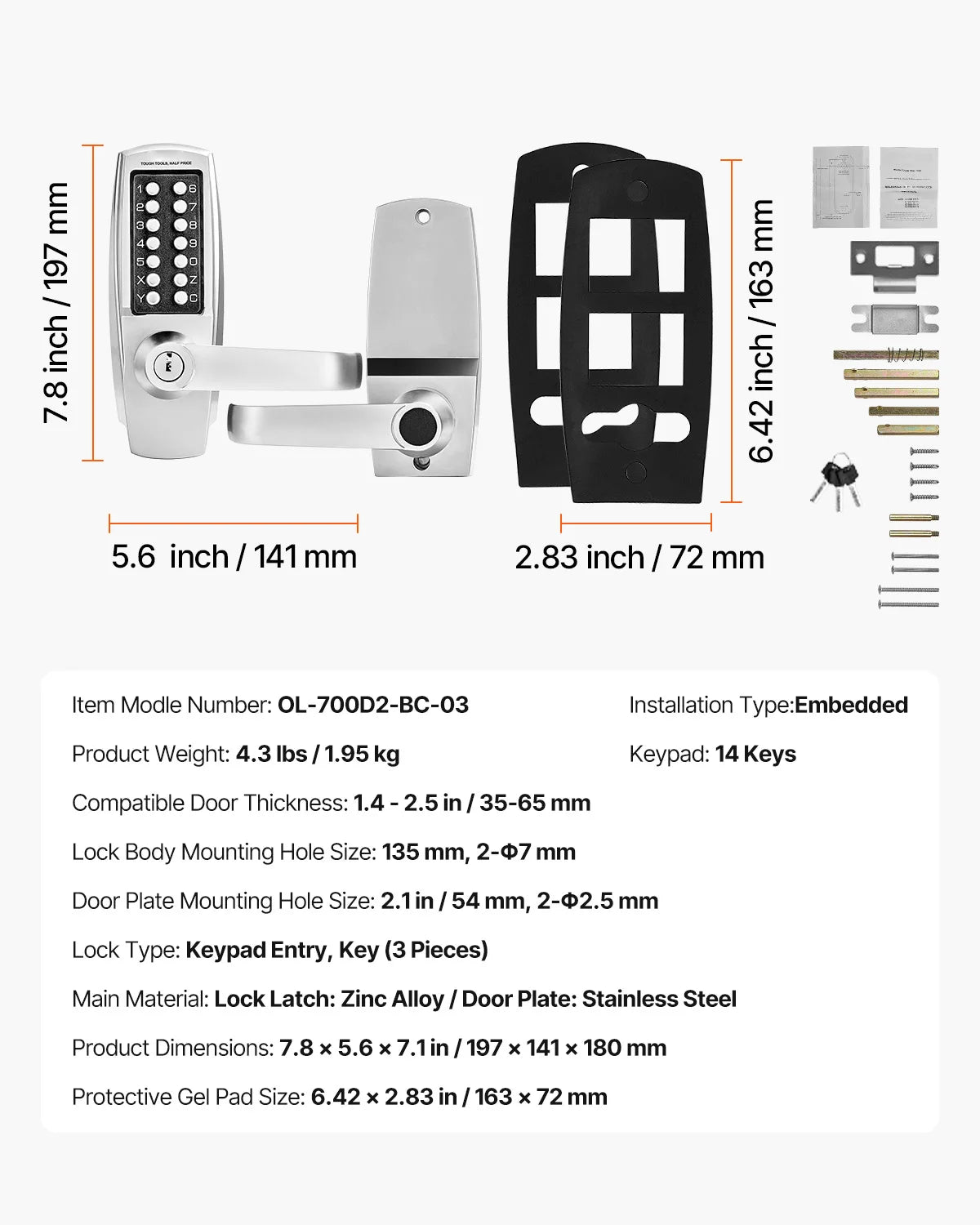 Mechanical Keyless Entry Door Lock 14 Key