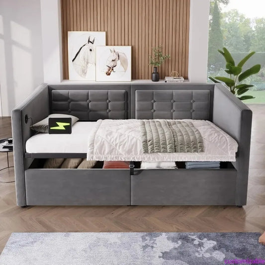 Upholstered Daybed, Hydraulic Storage, USB & Type-C Ports