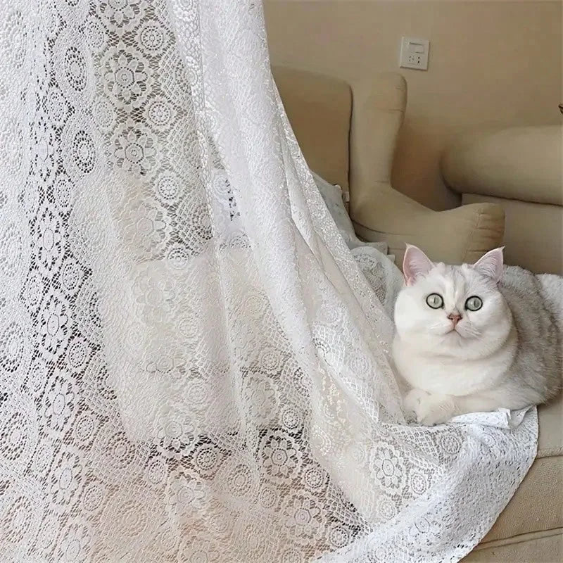 2pcs white lace embroidered mesh knitted sheer curtains.