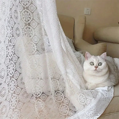 2pcs white lace embroidered mesh knitted sheer curtains.