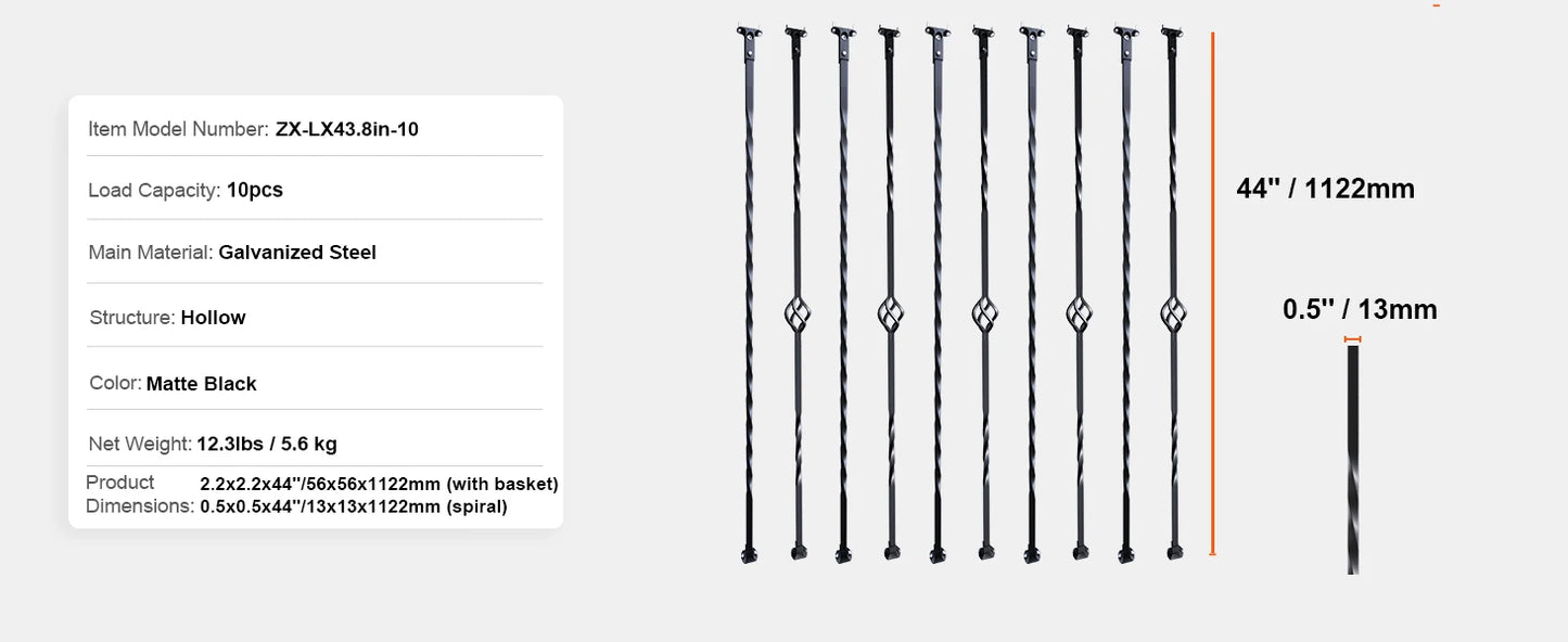 Staircase Metal Balusters- Galvanized Banister Spindles w/ Hollow Baskets Spiral