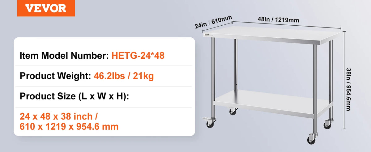 Stainless Steel Work Prep Table w/4 Wheels 3 Adjustable Height