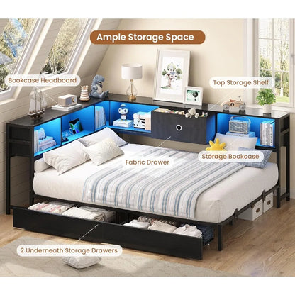 Full Corner Bed Frame w/ Storage Drawers, LED Lights, Charging Station