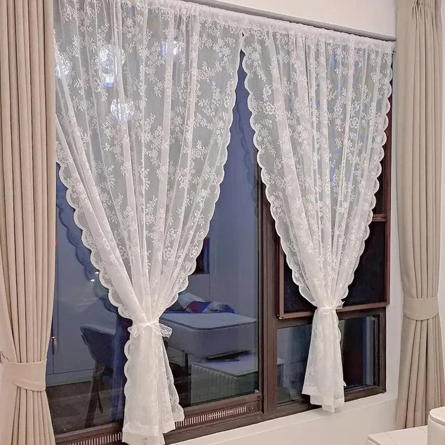 2pcs elegant solid-color curtains with wave lace trim. Holiday home decor.
