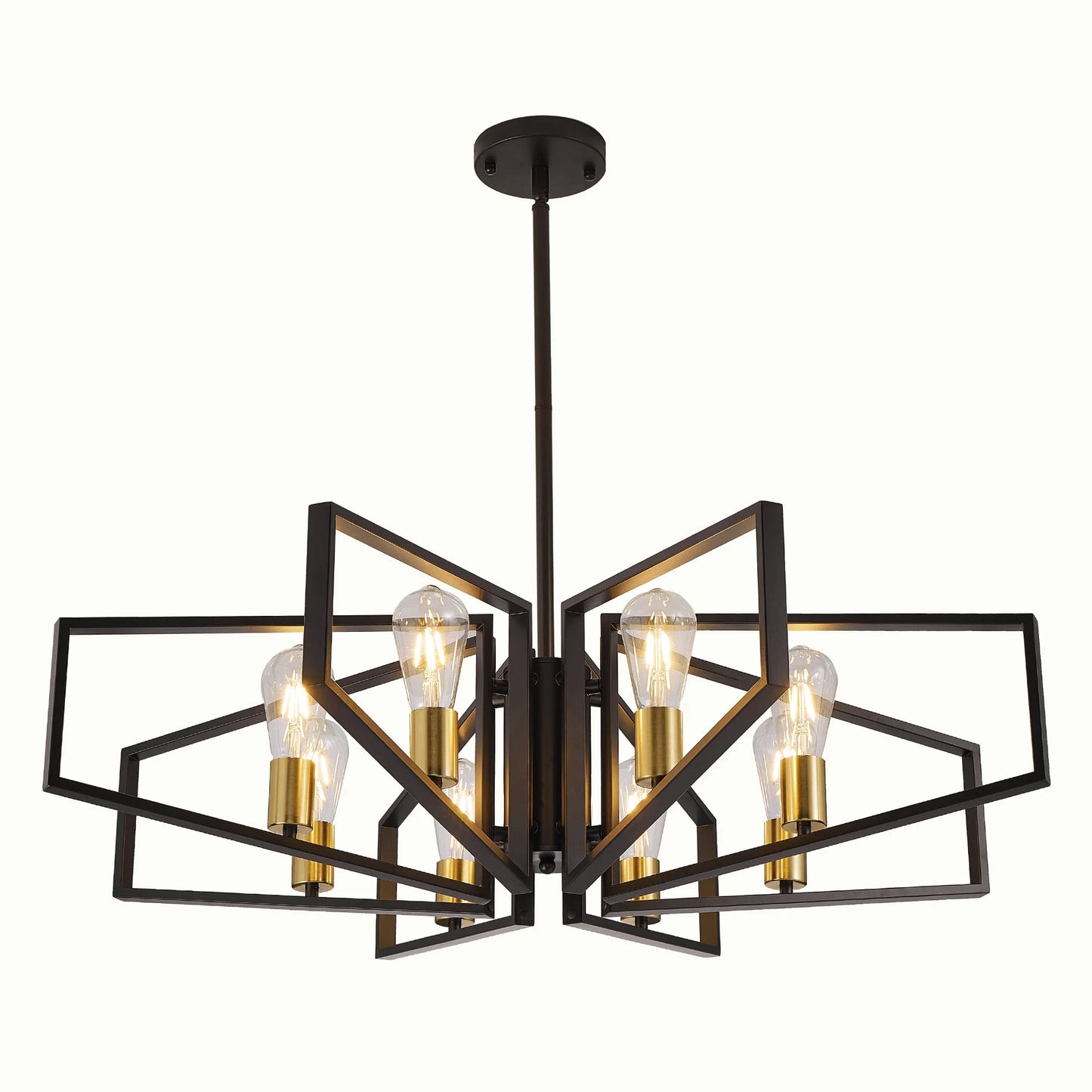 8-Light Geometric Chandelier Adjustable Height, Black Frame & Golden Accents