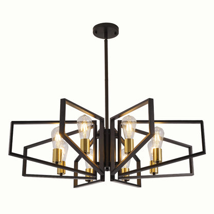 8-Light Geometric Chandelier Adjustable Height, Black Frame & Golden Accents