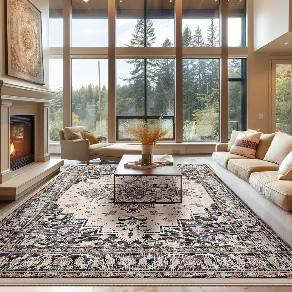 9x12 Rugs -Boho Chic, Washable Soft Vintage Print, Non-Slip Low Pile in Black/Beige/Purple