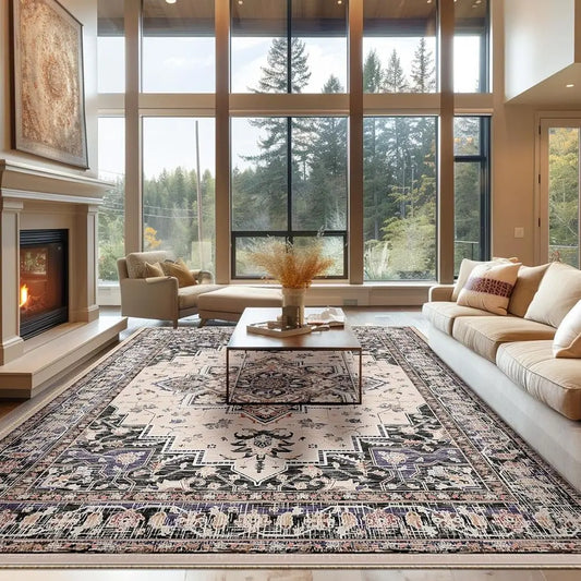 9x12 Rugs -Boho Chic, Washable Soft Vintage Print, Non-Slip Low Pile in Black/Beige/Purple