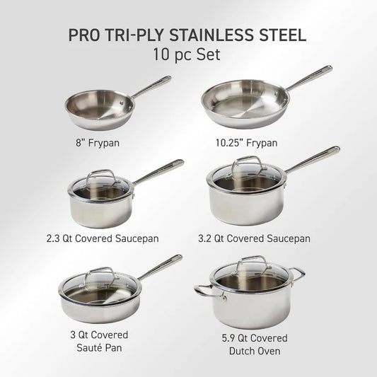 Professional 10Piece Stainless Steel Cookware, Induction Compatibility, Oven Safety up to 500F