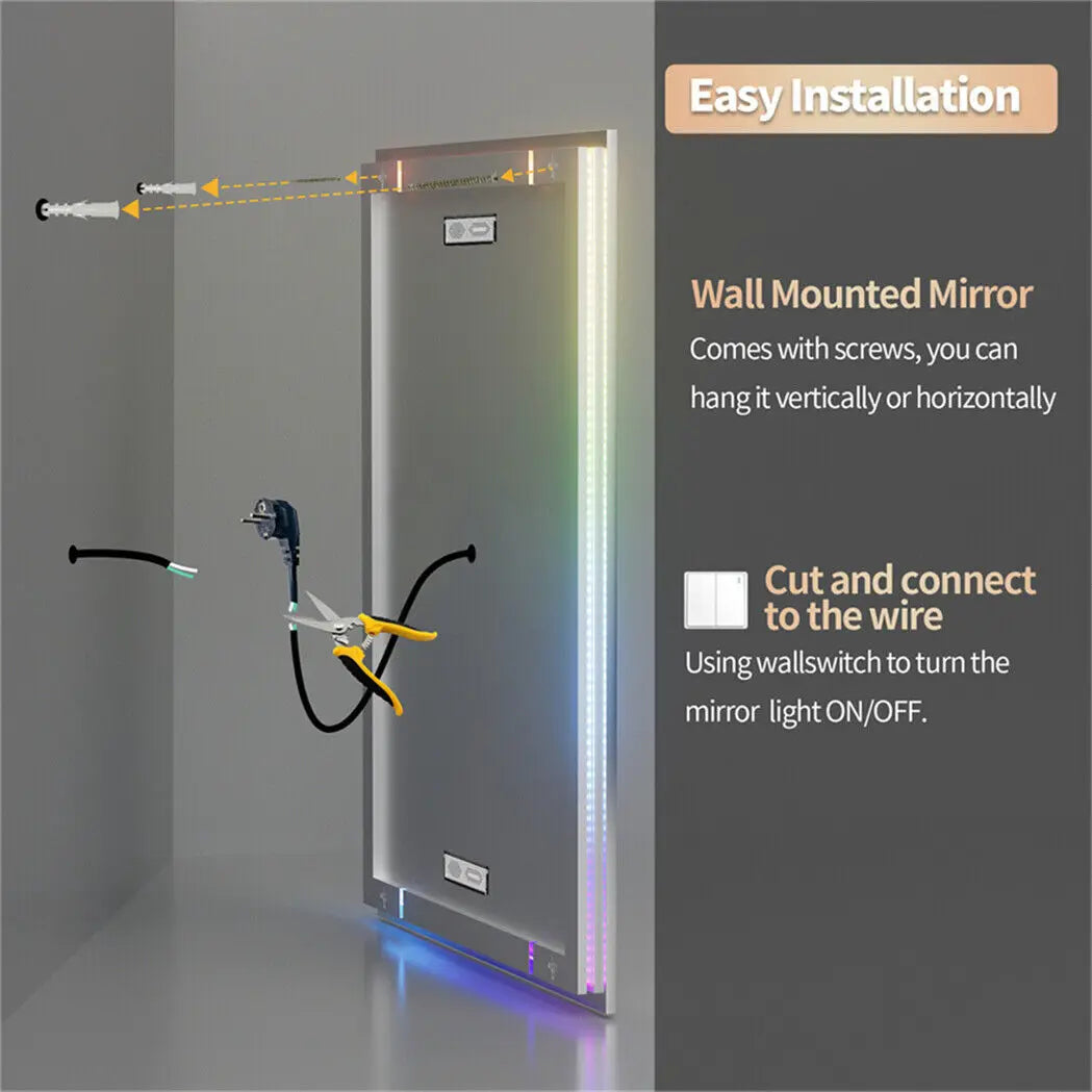 LED Wall Mirror w Bluetooth Dimmable 3 Colors Front + RGB Backlit, Anti-fog, Memory Function, Time Temperature