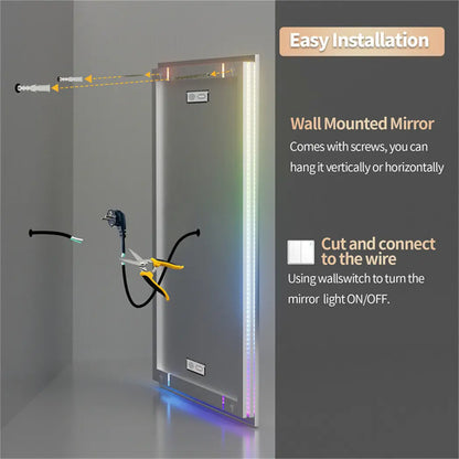 LED Wall Mirror w Bluetooth Dimmable 3 Colors Front + RGB Backlit, Anti-fog, Memory Function, Time Temperature
