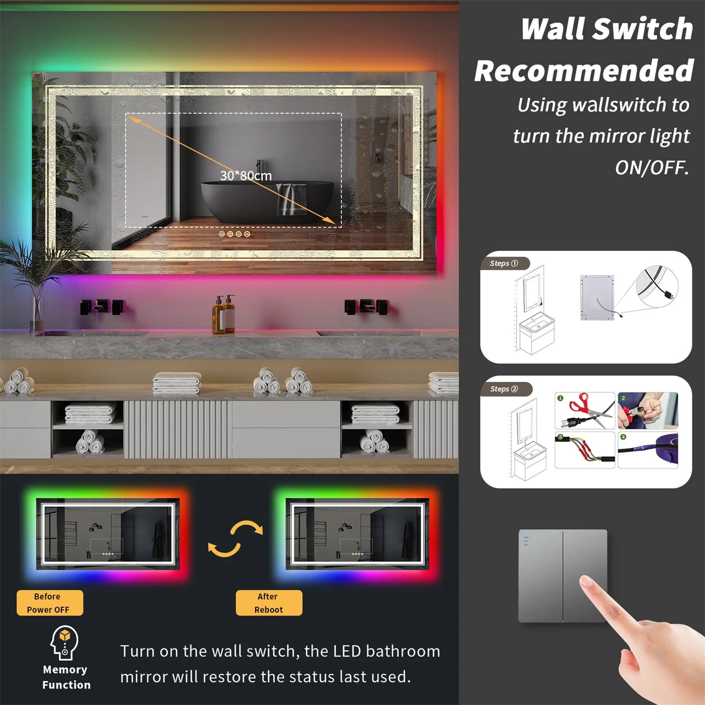 LED Vanity Mirror RGB Color Changing, Backlit, Shatterproof, Dimmable, Anti-Fog