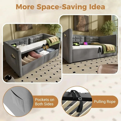 Upholstered Daybed, Hydraulic Storage, USB & Type-C Ports