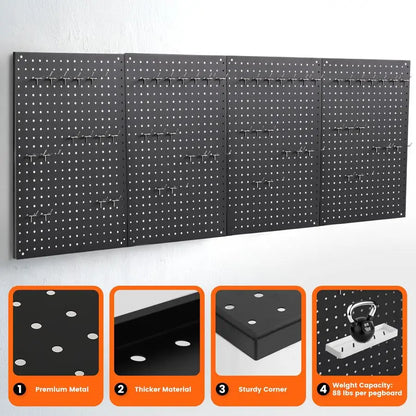 4 PCS 24x16 Metal Peg Board Panels Black w/40 Hooks, Dual Size Hole Design RED