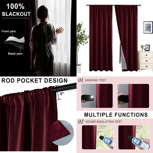 2 Thermal Insulated Blackout Curtains with Burgundy Tiebacks, W70xL84