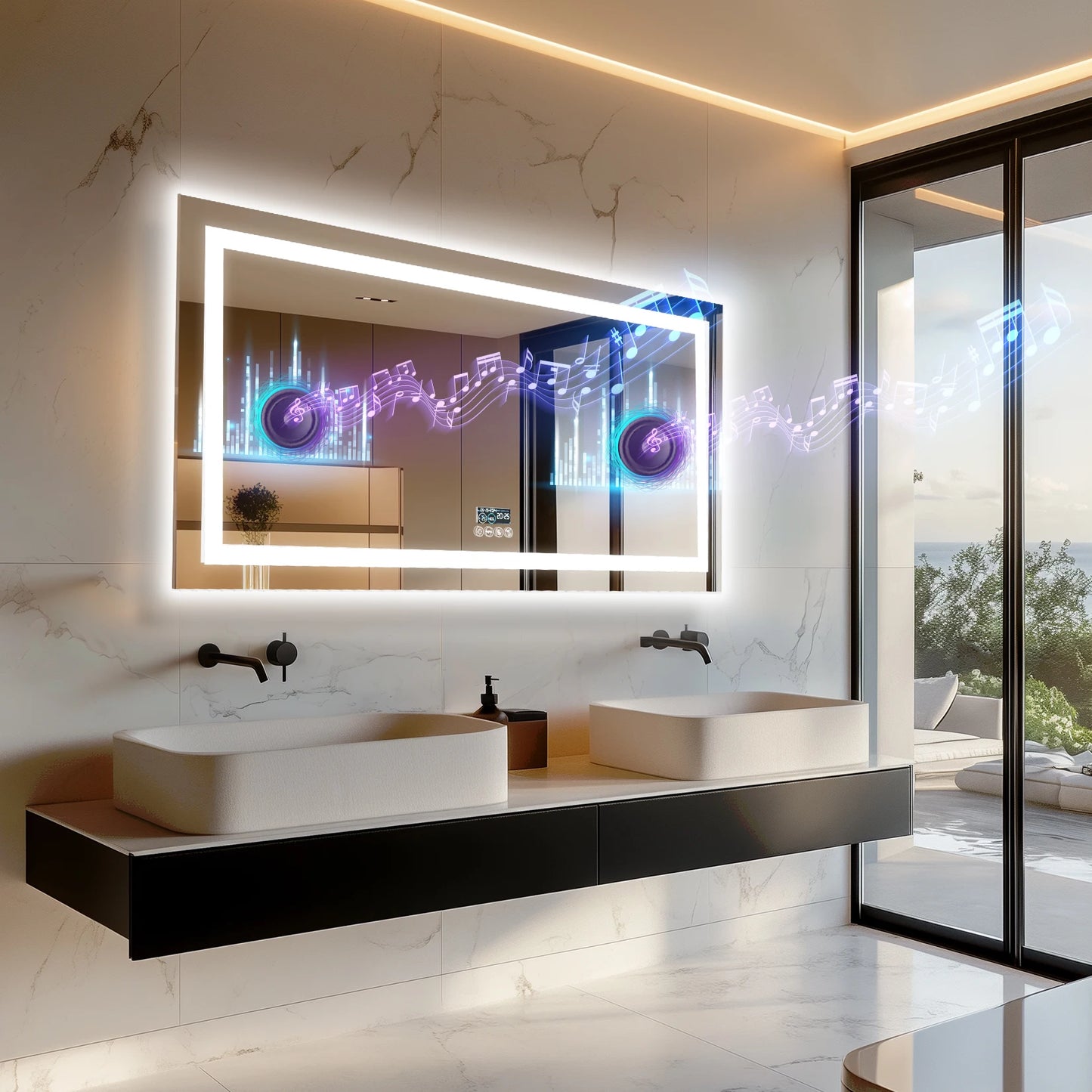 LED Bathroom Mirror with Lights, Dimmable, Smart Bluetooth Digital Display 3 Colors Memory