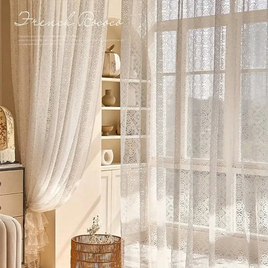 2pcs white lace embroidered mesh knitted sheer curtains.