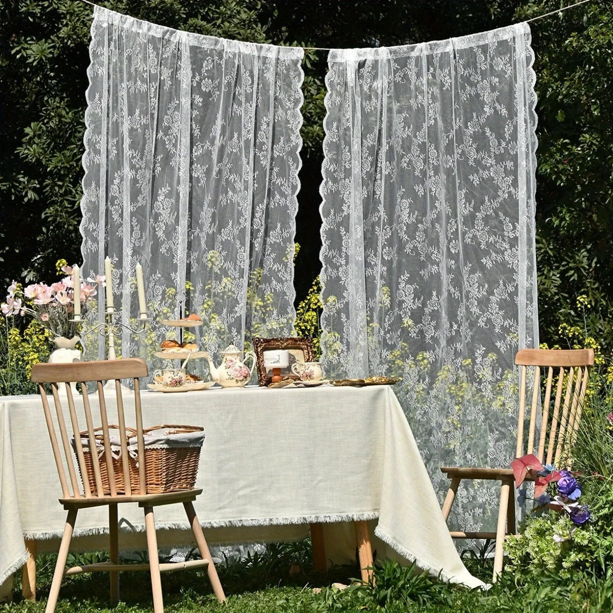 2pcs elegant solid-color curtains with wave lace trim. Holiday home decor.