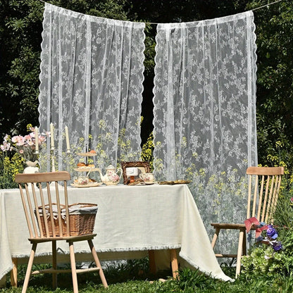 2pcs elegant solid-color curtains with wave lace trim. Holiday home decor.