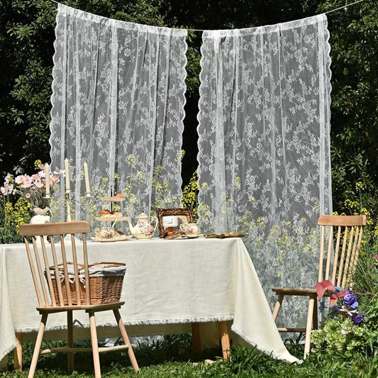 2pcs elegant solid-color curtains with wave lace trim. Holiday home decor.