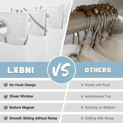 Hook Grey/White Striped Long Shower Curtain with Snap in Liner Set